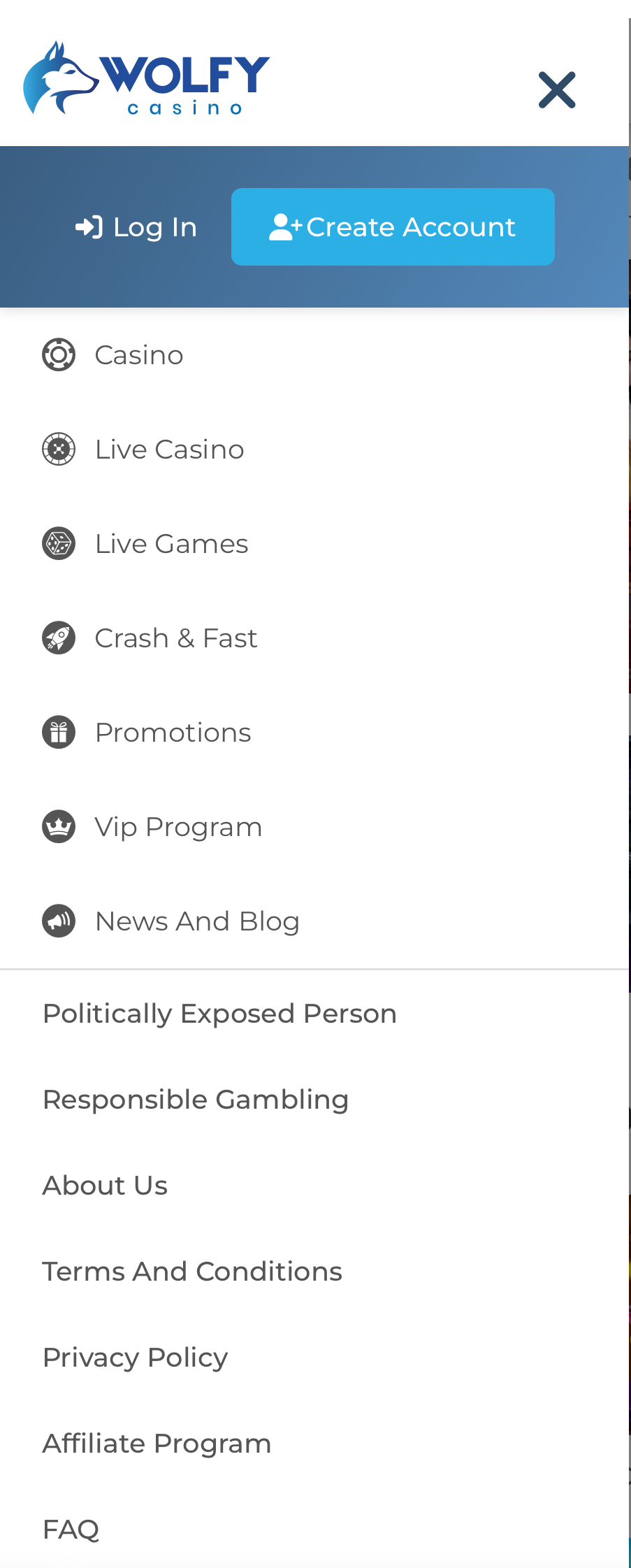 Mobilmeny på Wolfy Casino